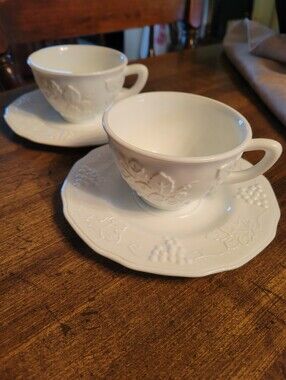 Indiana Glass Porcelain Teacup and Saucer Set - Elegant Grape Vine Motif